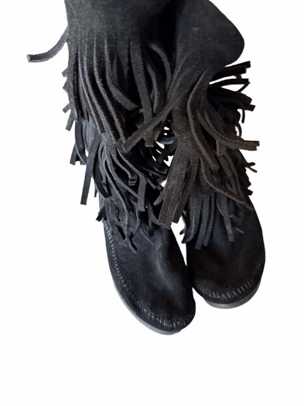Minnetonka Three Layer Fringe Black Suede Moccasin Boots